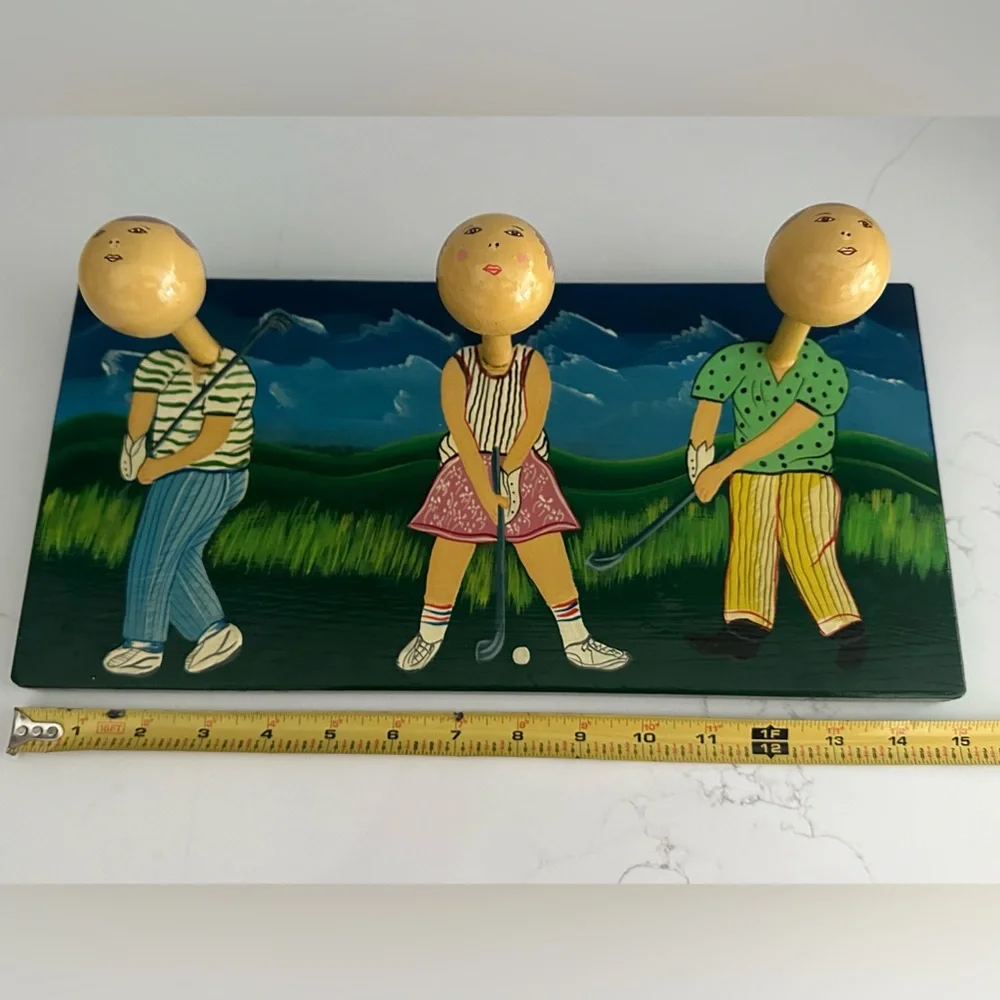 Golf Golfing Ball Wood Plaque Holder Painted HANDMADE FOLK-ART Coat Rack unique